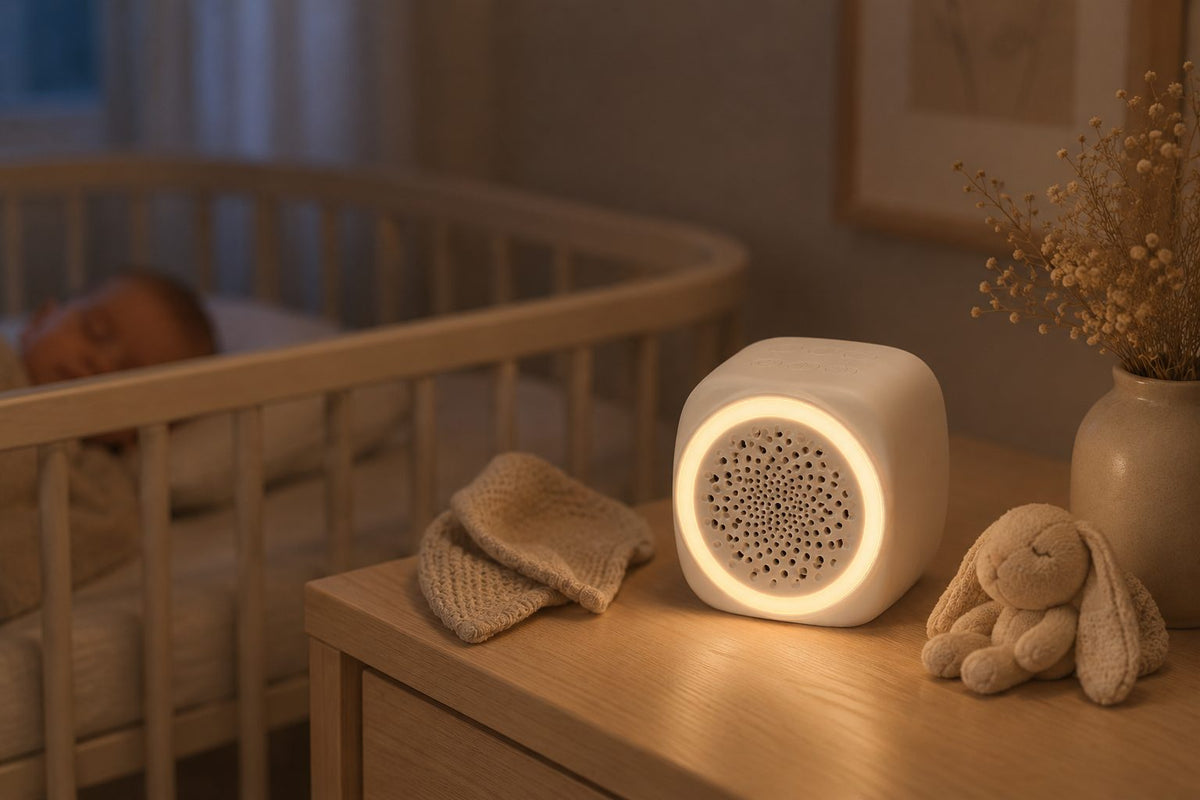 Le Cocon allumé sur une commode, bébé endormi dans son lit à barreaux — routine du soir